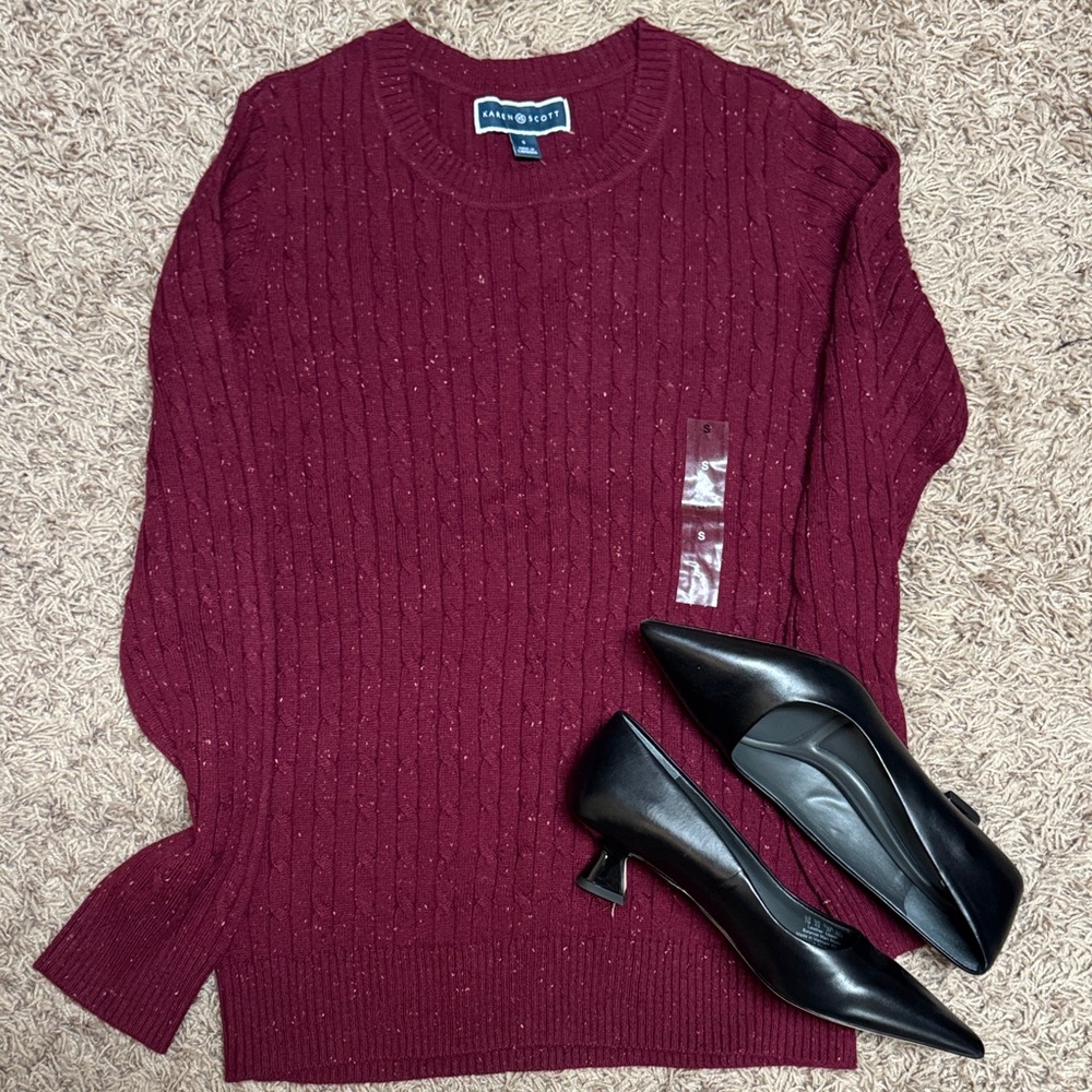 Karen Scott Women's Maroon Cable Knit Sweater